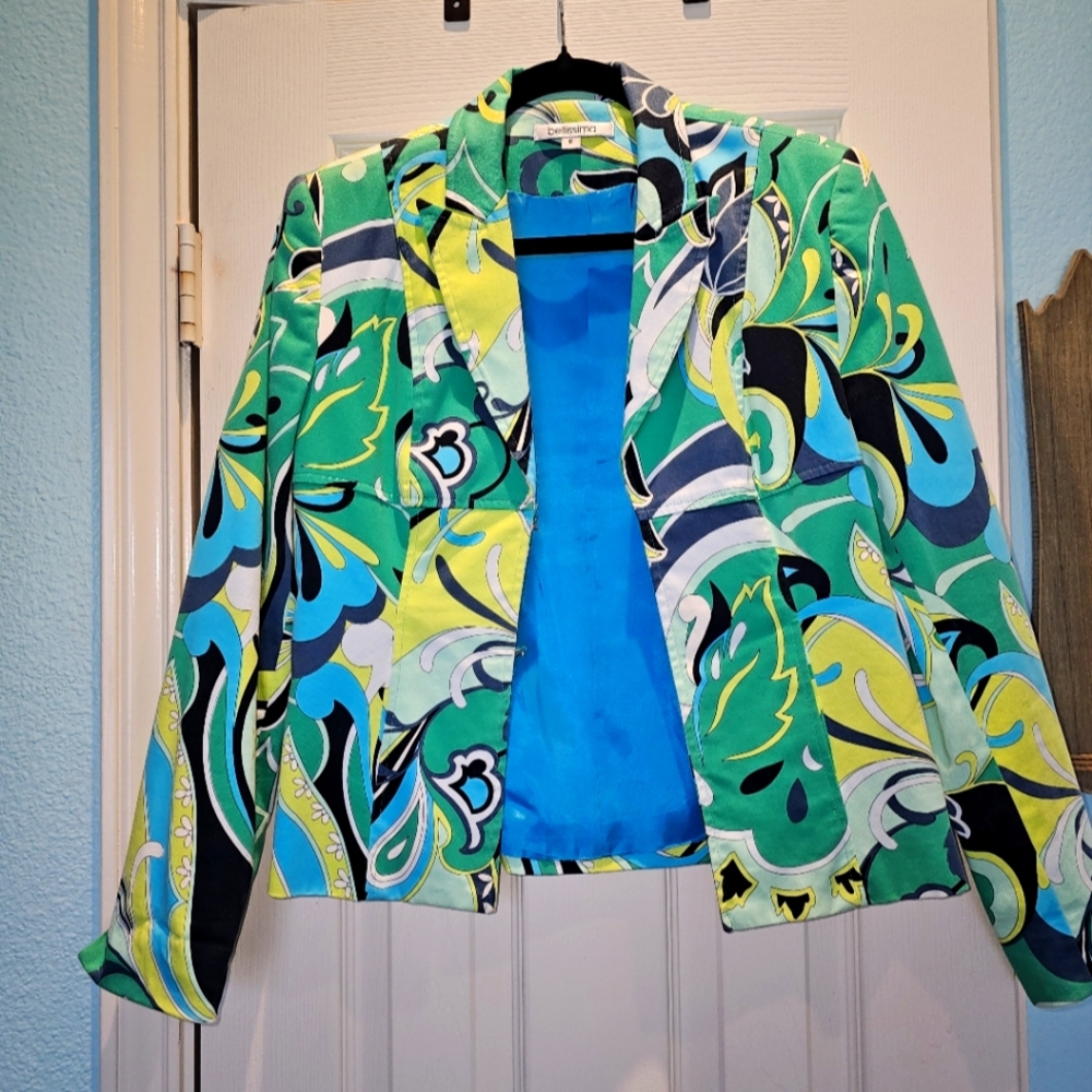 Bellissima Women's Blazer size 6 teal, green, yellow and black